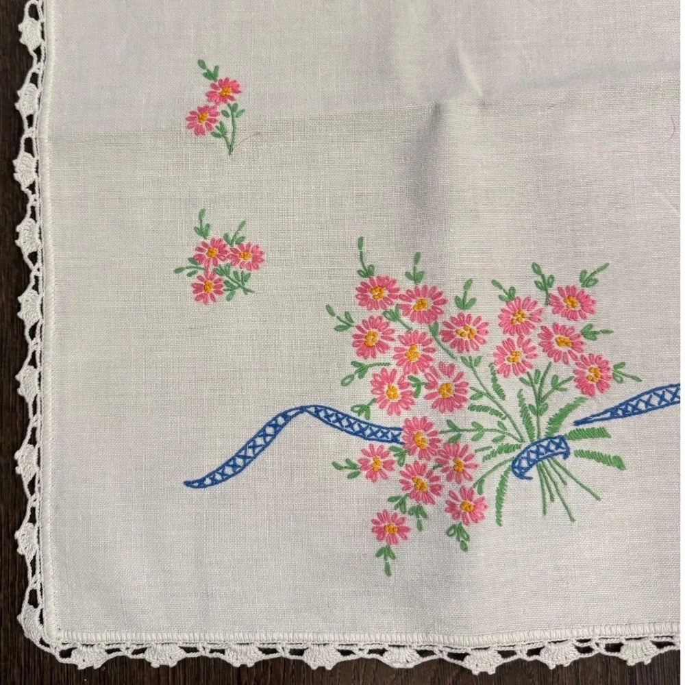 Vintage Embroidered Floral Table Runner‎ Pink Flowers Blue Ribbon Trim 40 x 16